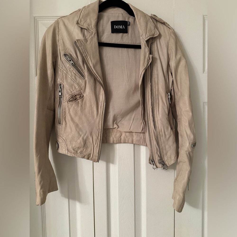 Doma Cream Leather Moto Jacket